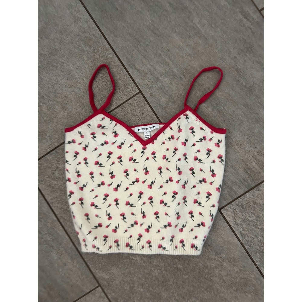 Pretty Garbage Rose Floral Knit Cami Top Cream Pink Red V-Neck Crop Tank Small